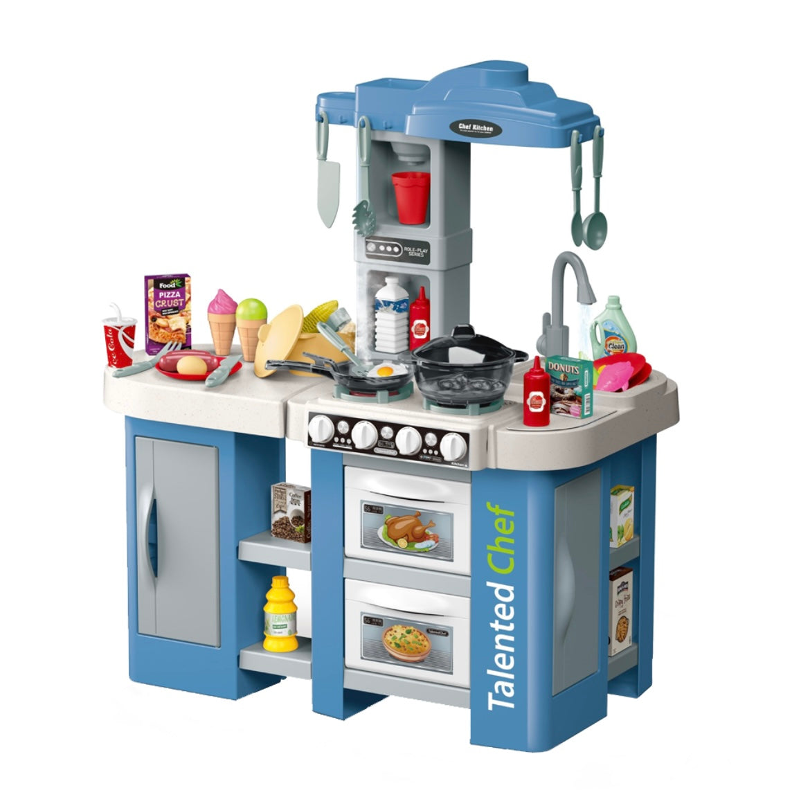 Cogo – Blue Pretend Play Kitchen Set with Light, Sound Effects – 67 Accessories