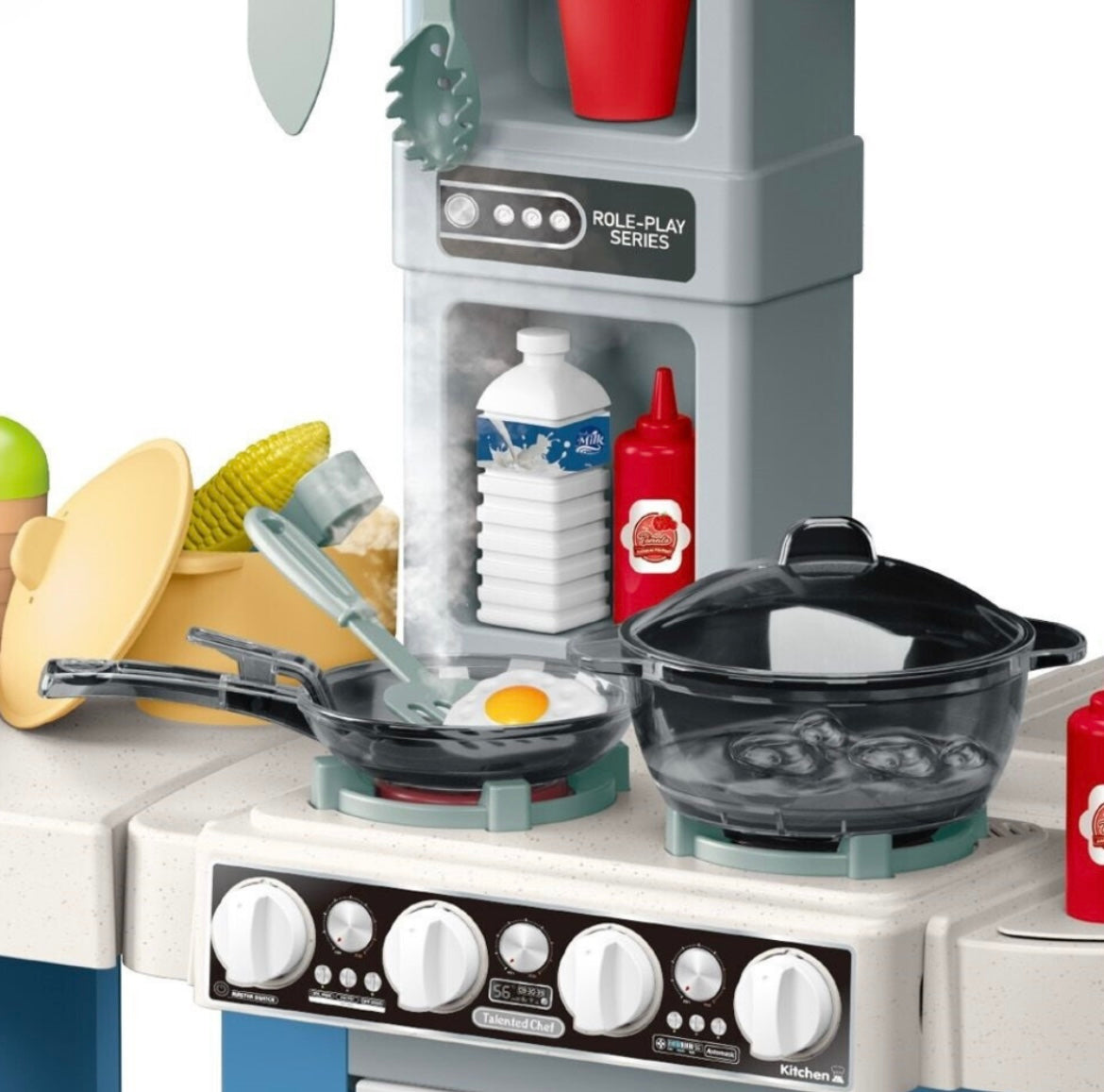 Cogo – Blue Pretend Play Kitchen Set with Light, Sound Effects – 67 Accessories