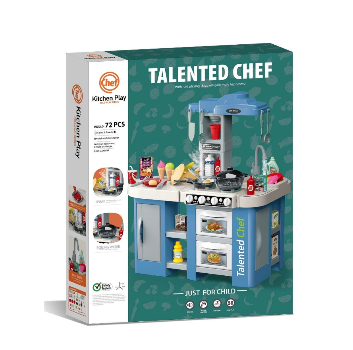 Cogo – Blue Pretend Play Kitchen Set with Light, Sound Effects – 67 Accessories