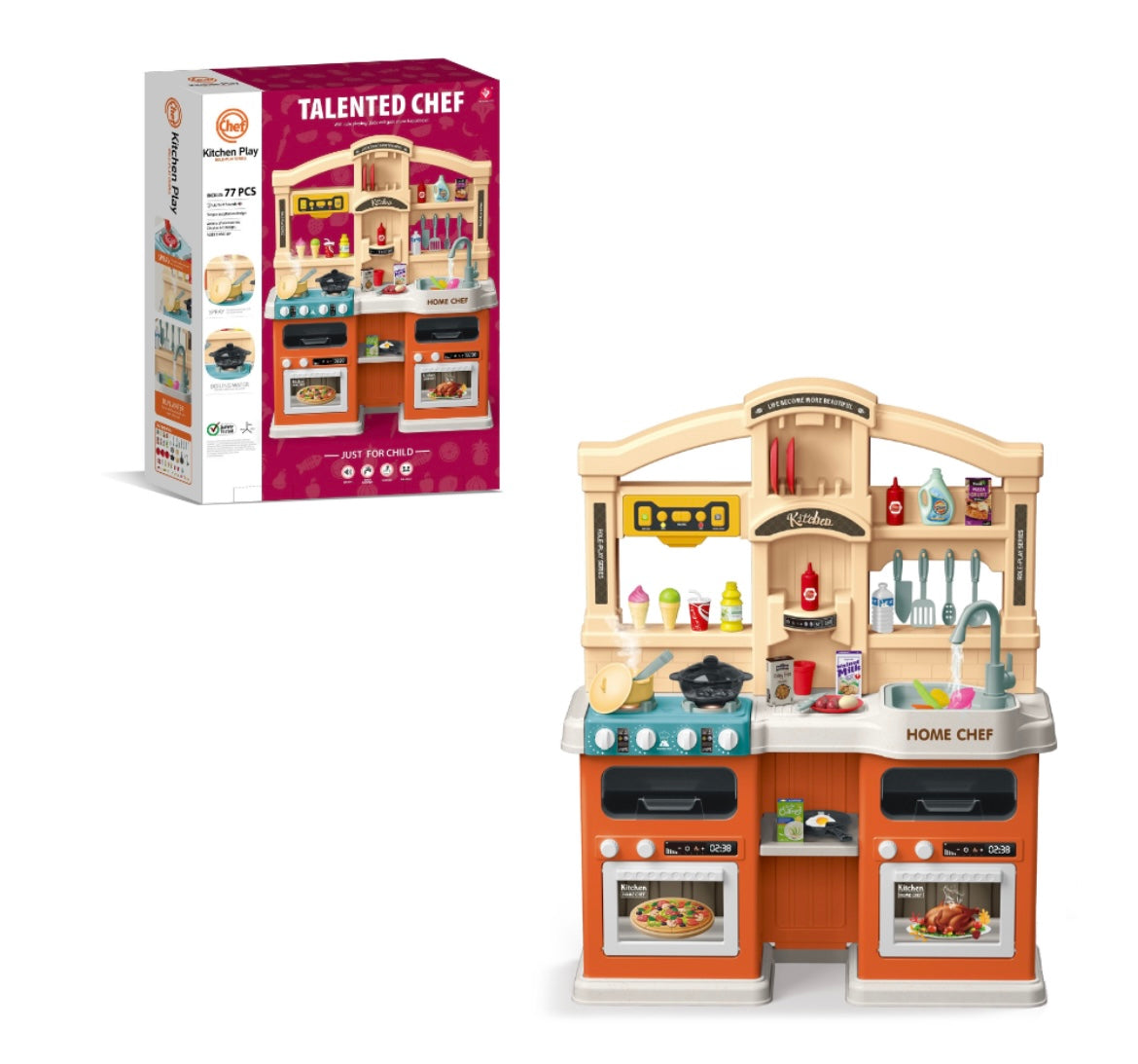 Cogo – Orange Pretend Play Kitchen Set with Light, Sound Effects – 77 Accessories