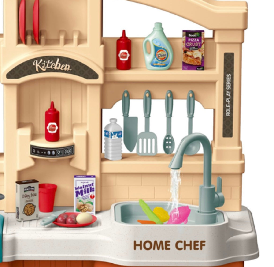 Cogo – Orange Pretend Play Kitchen Set with Light, Sound Effects – 77 Accessories