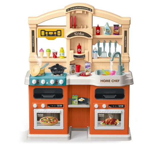Cogo – Orange Pretend Play Kitchen Set with Light, Sound Effects – 77 Accessories