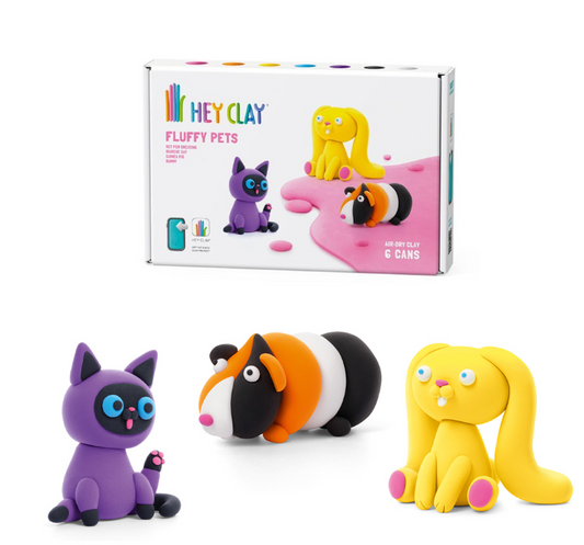 Hey Clay - Modelling Air-Dry Clay with Fun Interactive App - Bunny, Siamese cat, Guinea pig, Series Fluffy Pets, 6 cans