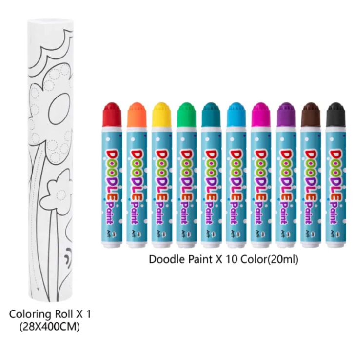 TookyToy - 2-in-1 Dot Art Painting Kit and Colouring Roll: 10 Colours